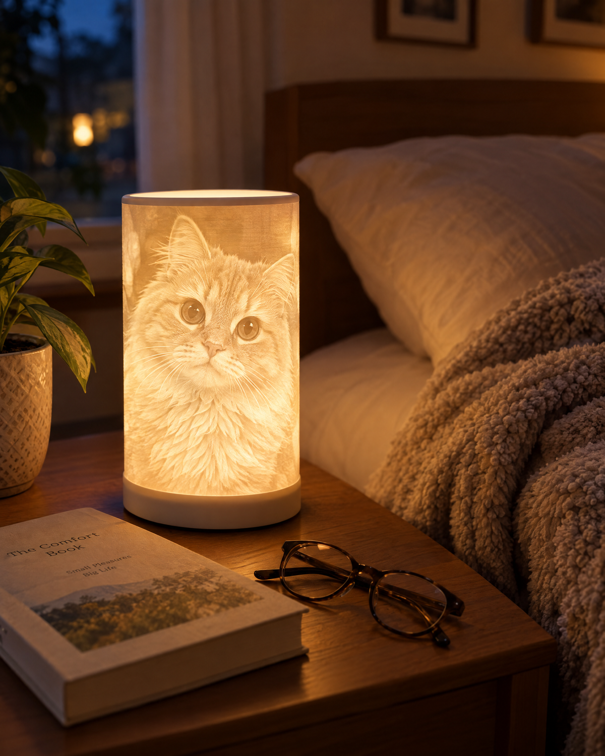 Lampada litofania sul comodino la sera con la foto di una gatta