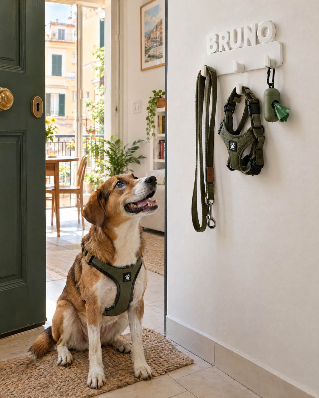 Cane accanto al portaguinzaglio bianco con il nome Bruno vicino alla porta di casa
