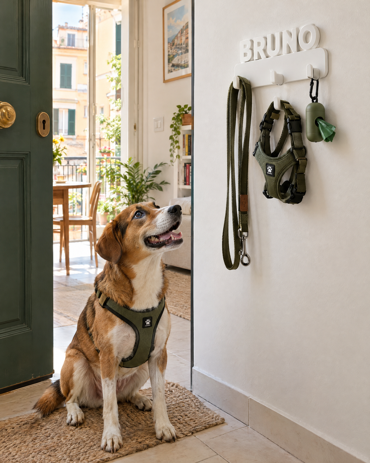 Cane accanto al portaguinzaglio bianco con il nome Bruno vicino alla porta di casa